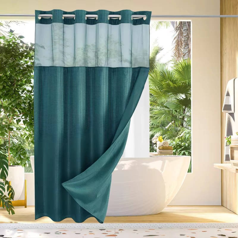 Hookless Shower Curtain with Waffle Texture and Mesh Light Panel, Integrated Liner All Vera Mart