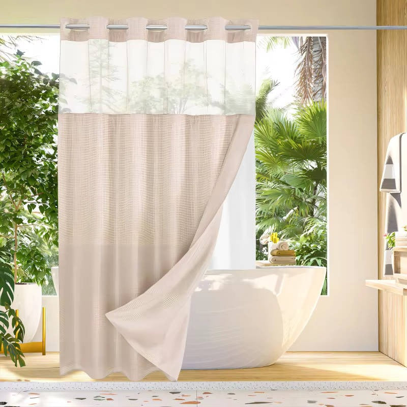 Hookless Shower Curtain with Waffle Texture and Mesh Light Panel, Integrated Liner All Vera Mart
