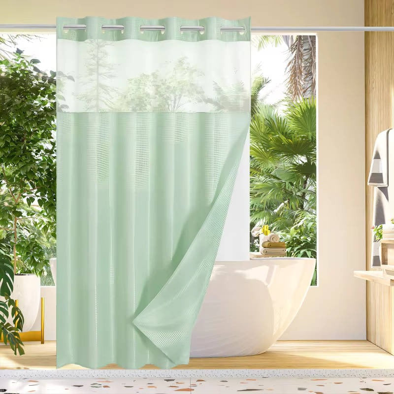 Hookless Shower Curtain with Waffle Texture and Mesh Light Panel, Integrated Liner All Vera Mart