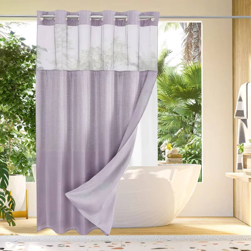 Hookless Shower Curtain with Waffle Texture and Mesh Light Panel, Integrated Liner All Vera Mart