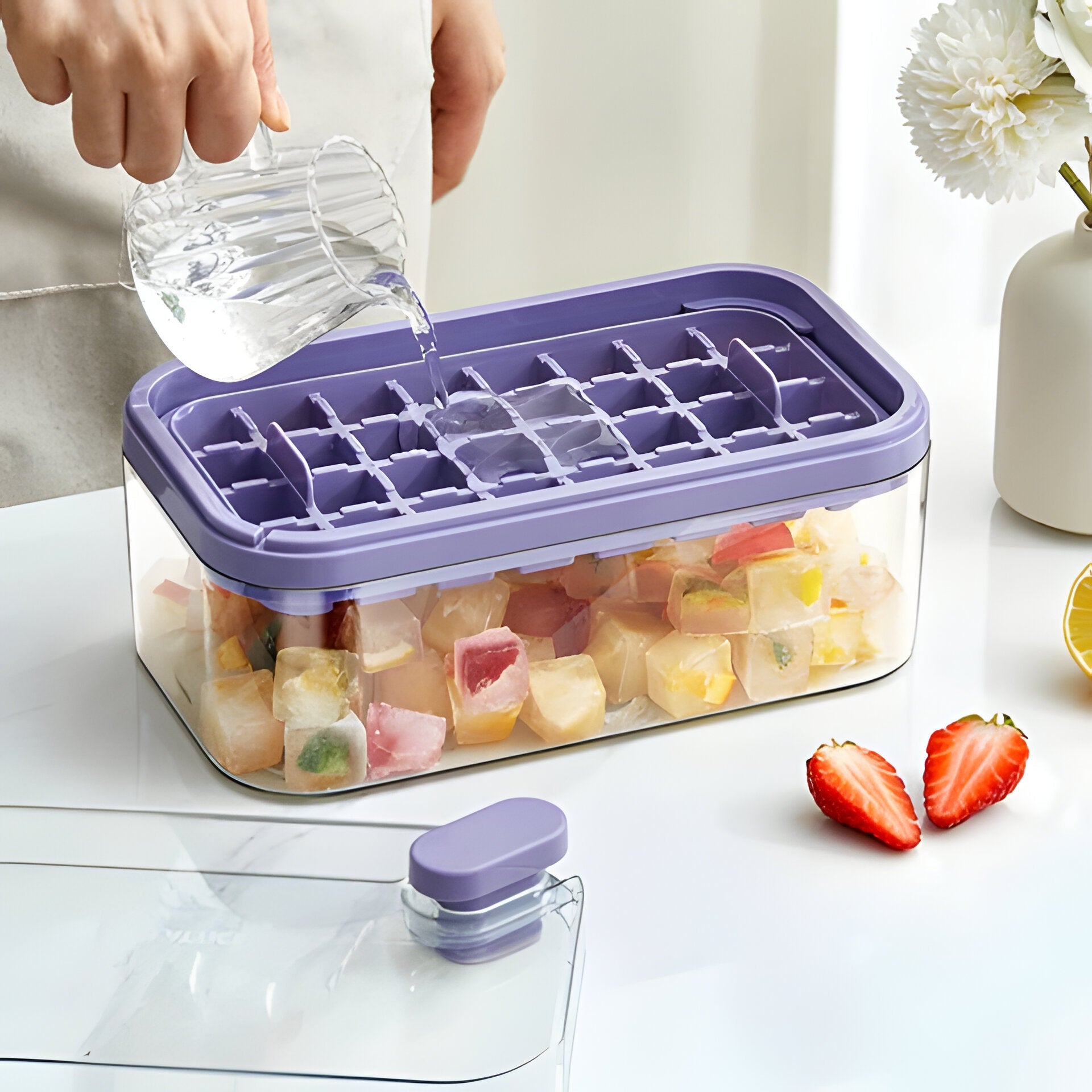 Push Release Ice Tray with Dual Trays and Storage Container, Serving Scoop Included All Vera Mart