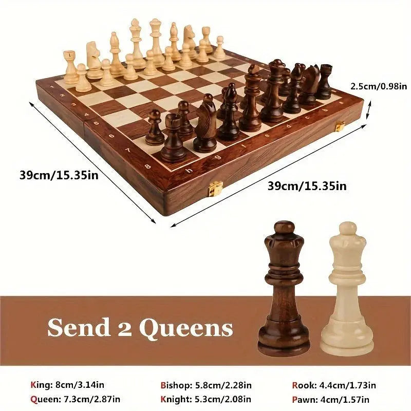 Wood Chess Board with 34 Pieces and Two Extra Figures, Compact Hard Finish All Vera Mart