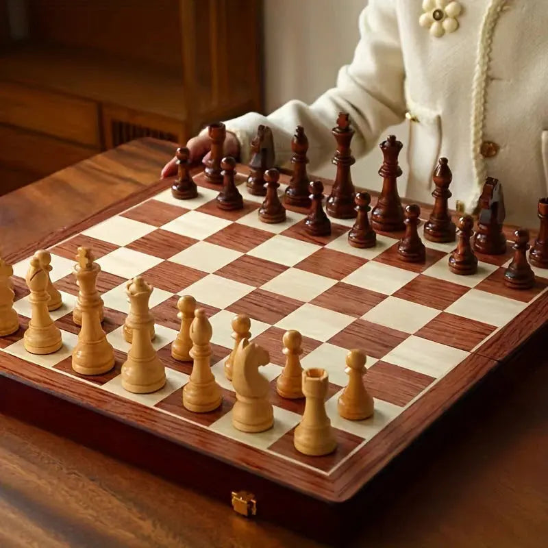 Wood Chess Board with 34 Pieces and Two Extra Figures, Compact Hard Finish All Vera Mart