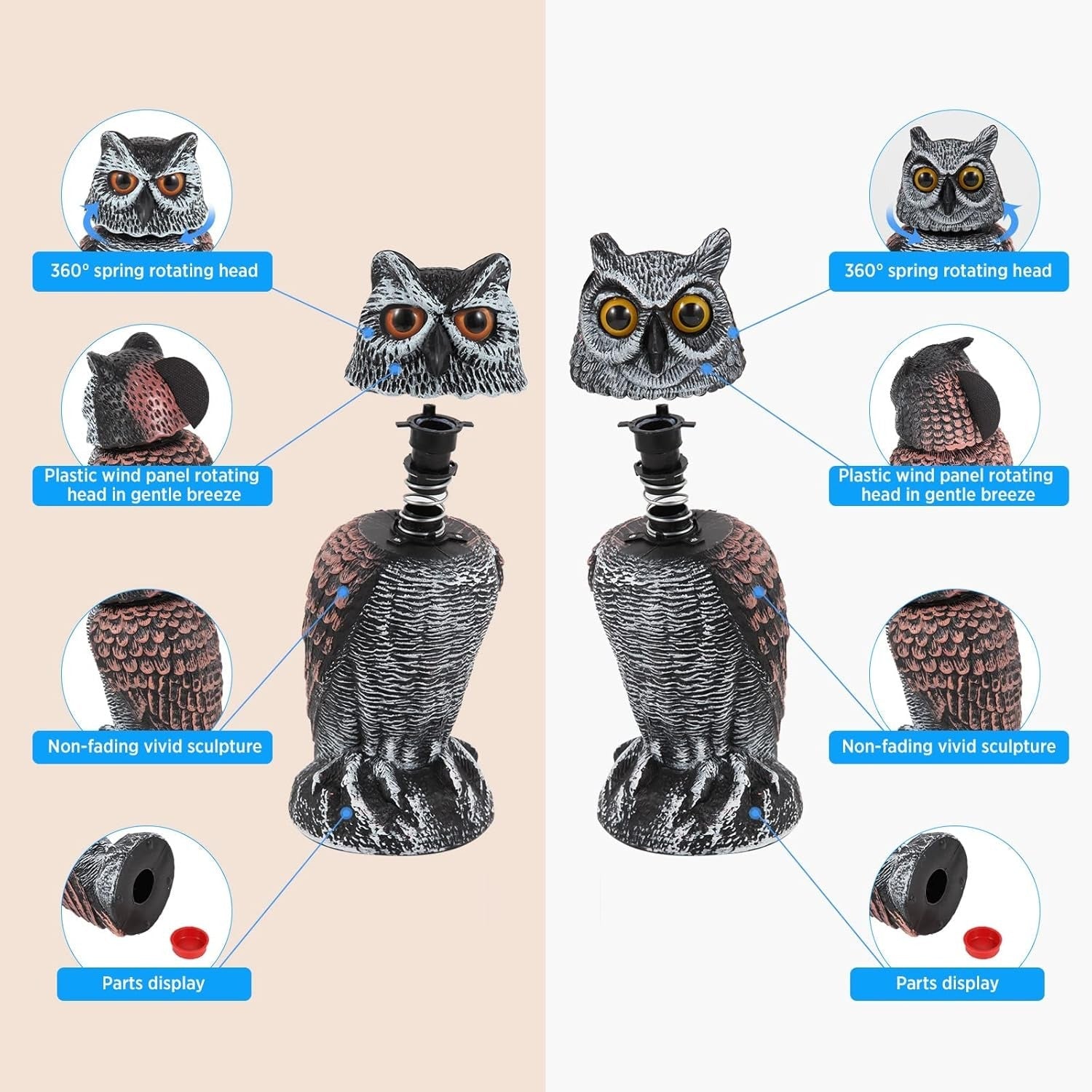 Wind-Activated Owl Decoy Set with Rotating Head and Fillable Base, 2-Pack All Vera Mart