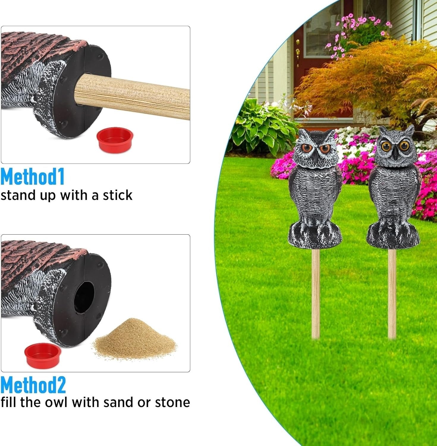 Wind-Activated Owl Decoy Set with Rotating Head and Fillable Base, 2-Pack All Vera Mart