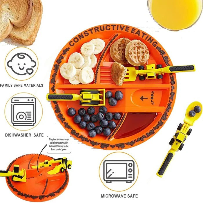 Toddler Sectioned Plate with Soft Grip Utensils and Construction Design All Vera Mart