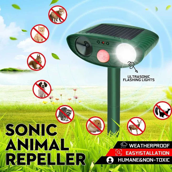 Ultrasonic Animal Deterrent with Solar Panel and LED Strobe, 30ft Motion Sensor All Vera Mart