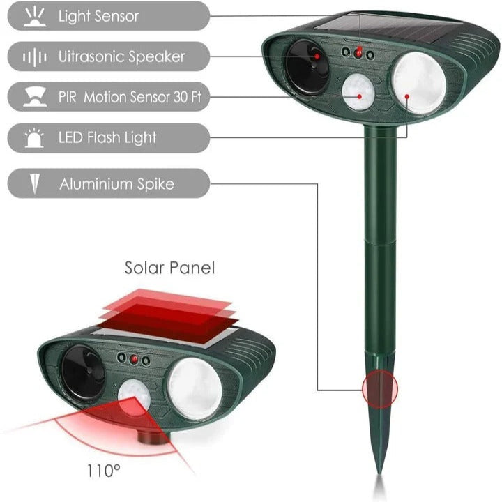 Ultrasonic Animal Deterrent with Solar Panel and LED Strobe, 30ft Motion Sensor All Vera Mart
