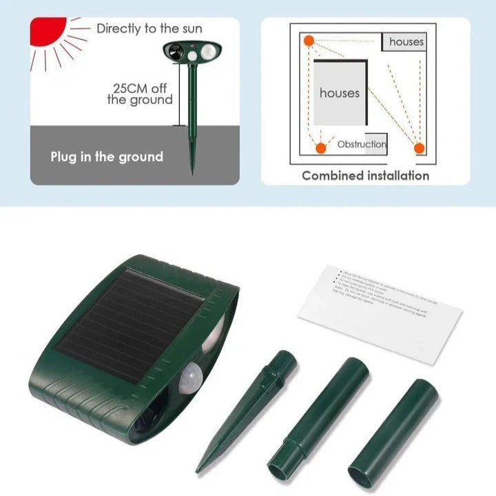 Ultrasonic Animal Deterrent with Solar Panel and LED Strobe, 30ft Motion Sensor All Vera Mart