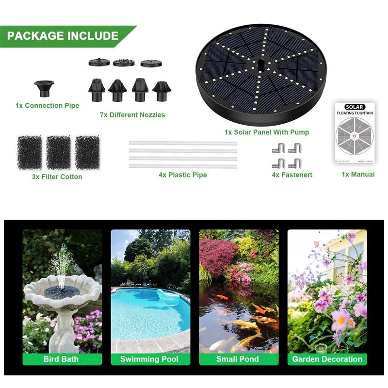 Floating Solar Fountain with 60 Color-Changing LEDs and 7 Interchangeable Nozzles All Vera Mart