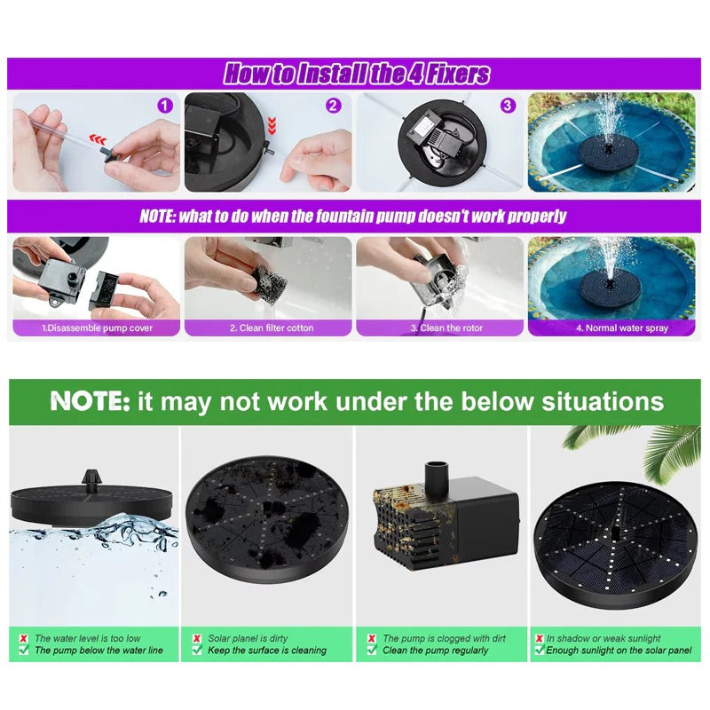 Floating Solar Fountain with 60 Color-Changing LEDs and 7 Interchangeable Nozzles All Vera Mart