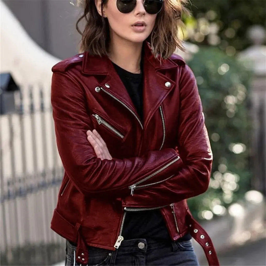 Leather Biker Jacket with Slanted Front Zip and Adjustable Snap Collar, Multiple Pockets All Vera Mart
