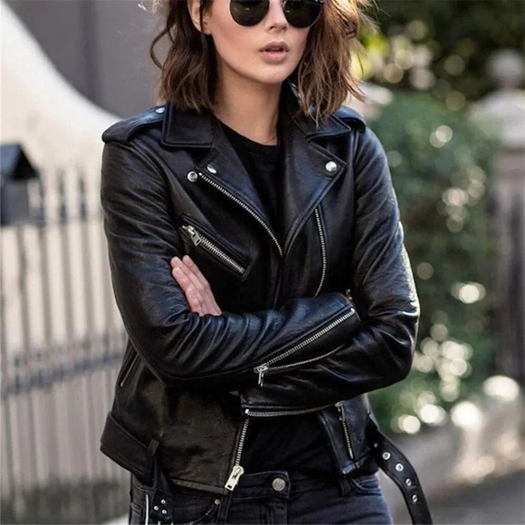 Leather Biker Jacket with Slanted Front Zip and Adjustable Snap Collar, Multiple Pockets All Vera Mart