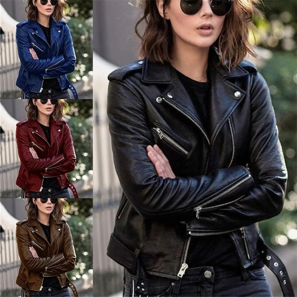 Leather Biker Jacket with Slanted Front Zip and Adjustable Snap Collar, Multiple Pockets All Vera Mart