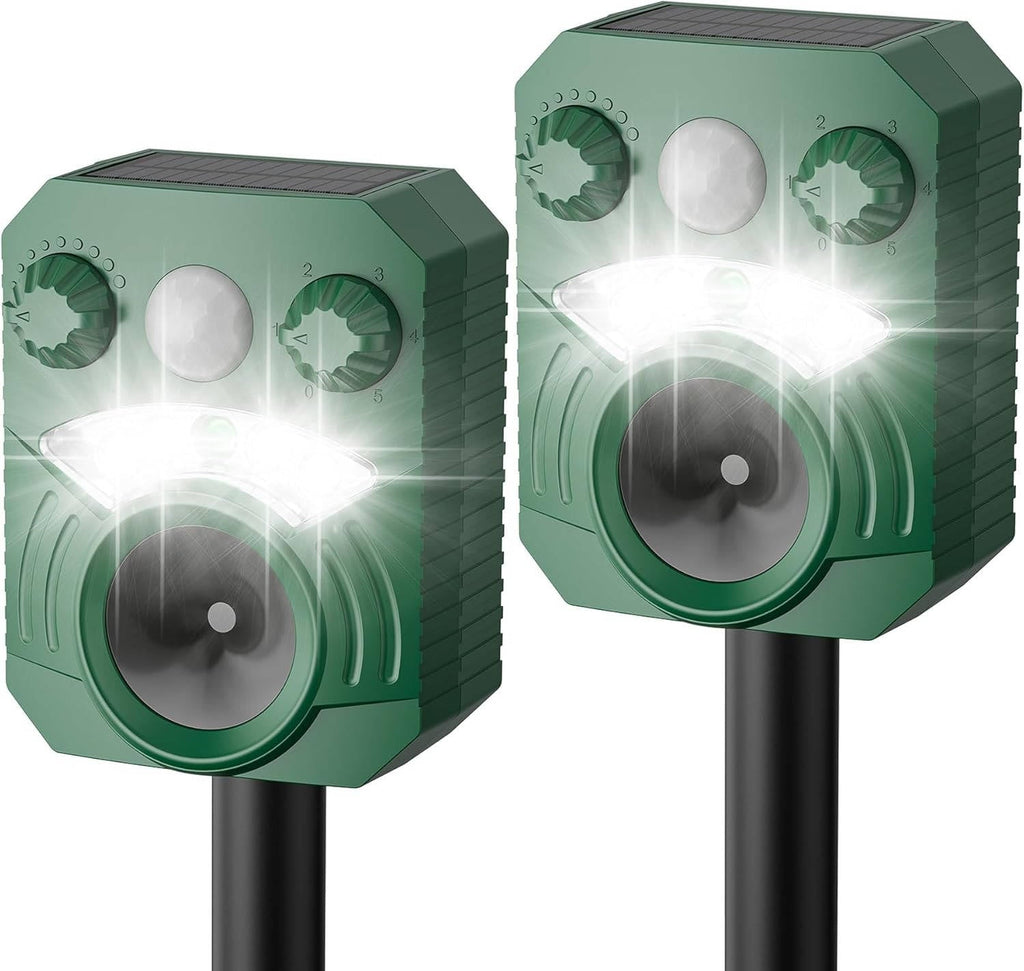 Motion Activated Animal Deterrent with Ultrasonic Sound and Flashing Light, Solar Powered All Vera Mart