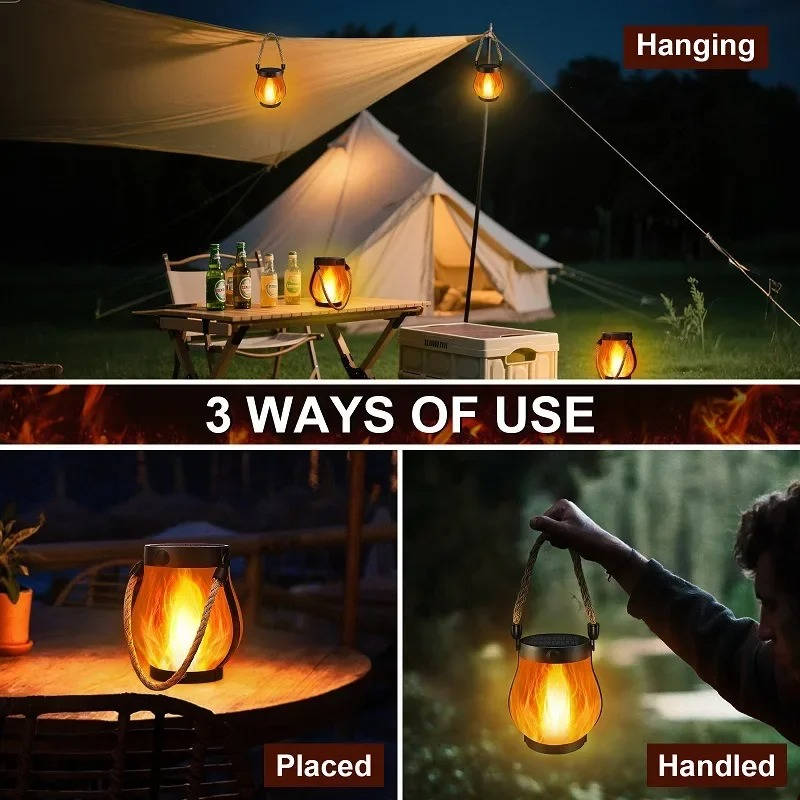 Solar Flame Lantern with Flickering Light Mode and Dusk Sensor, Type C Charging All Vera Mart