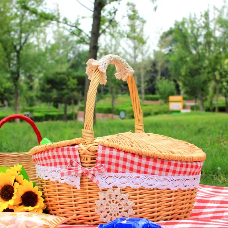 Oval Willow Picnic Basket with Dual Lids and Removable Cotton Liner All Vera Mart