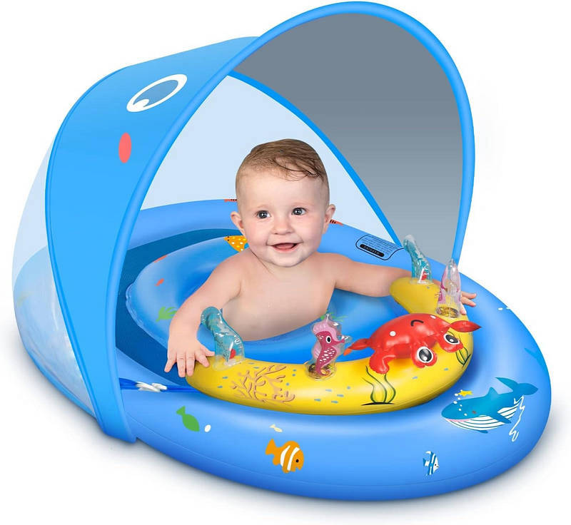 Inflatable Baby Pool Float with Adjustable Four-Position Canopy and Dual Air Chambers All Vera Mart