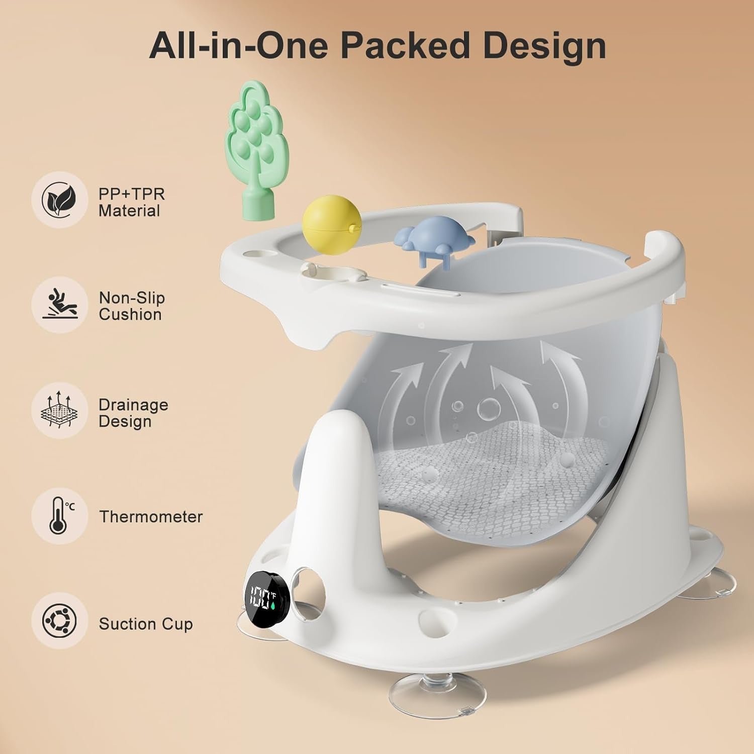 Infant Bath Seat with Temperature Monitor and Rinse Cup for 6 Months+ All Vera Mart