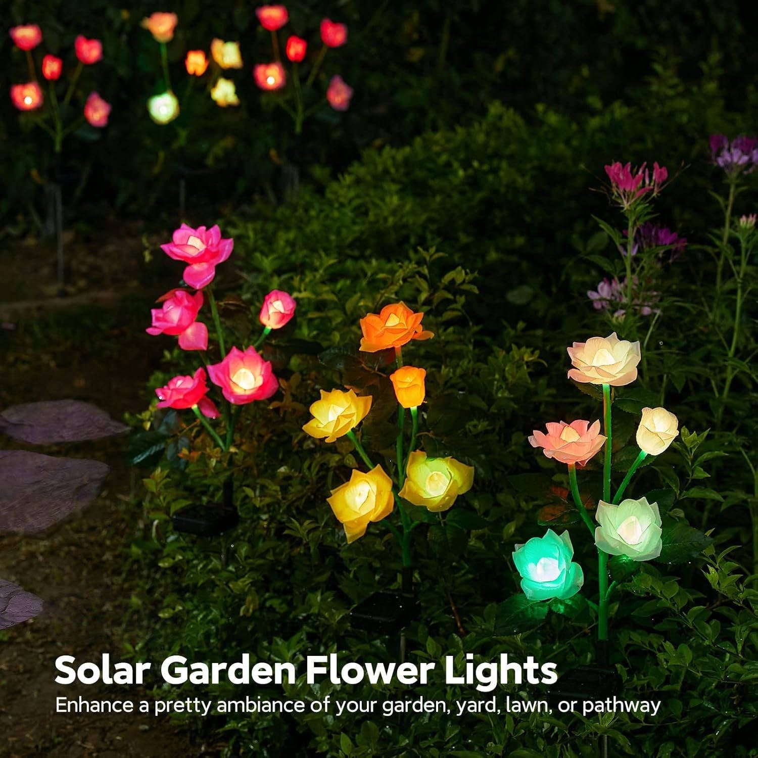 Solar Rose Garden Lights with 7-Color LED Blooms and Ground Stakes, 3-Pack for Pathways All Vera Mart