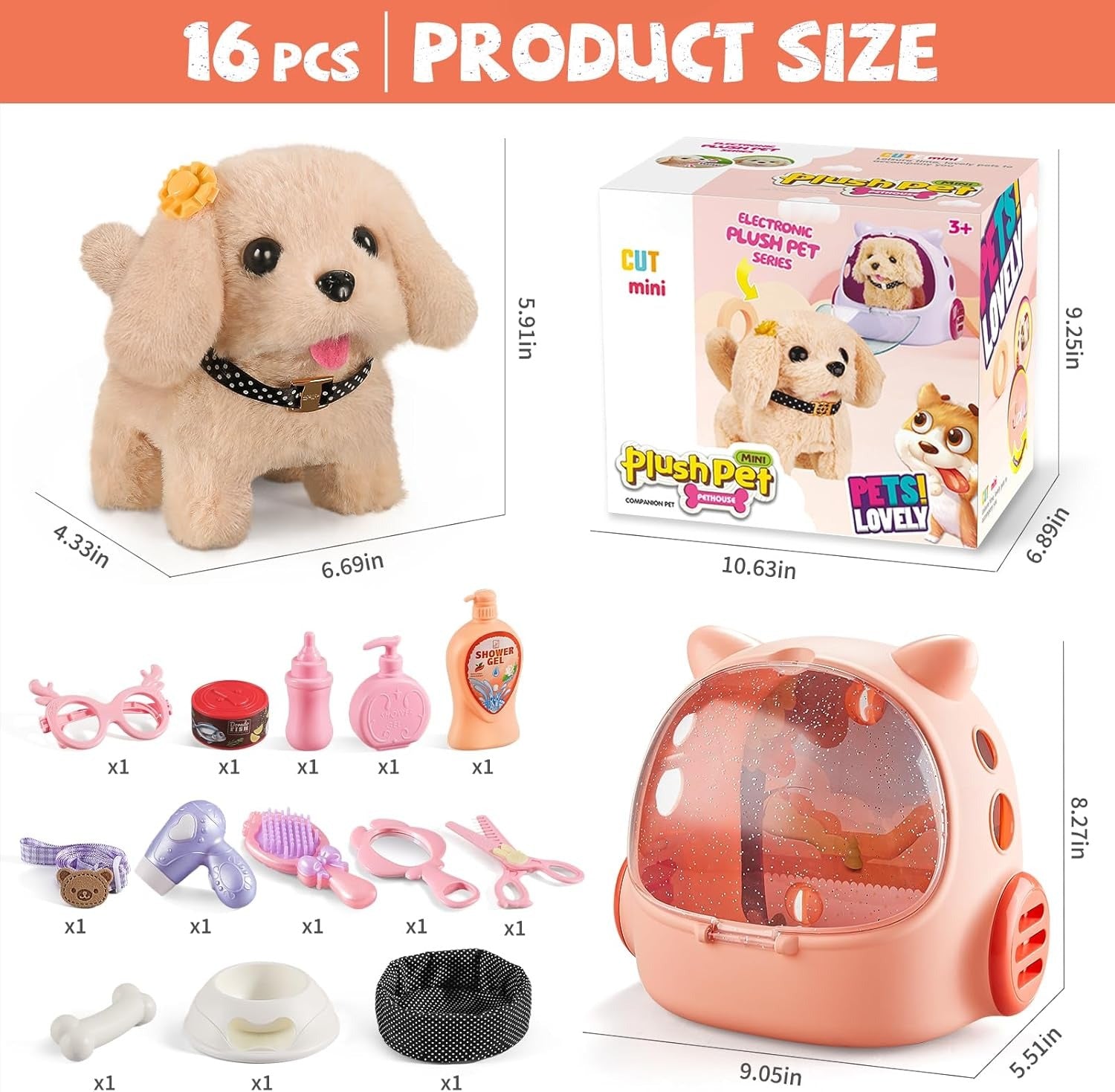 Interactive Robot Puppy with Walking Motion and Touch Sounds, 16-Piece Pet Care Playset All Vera Mart