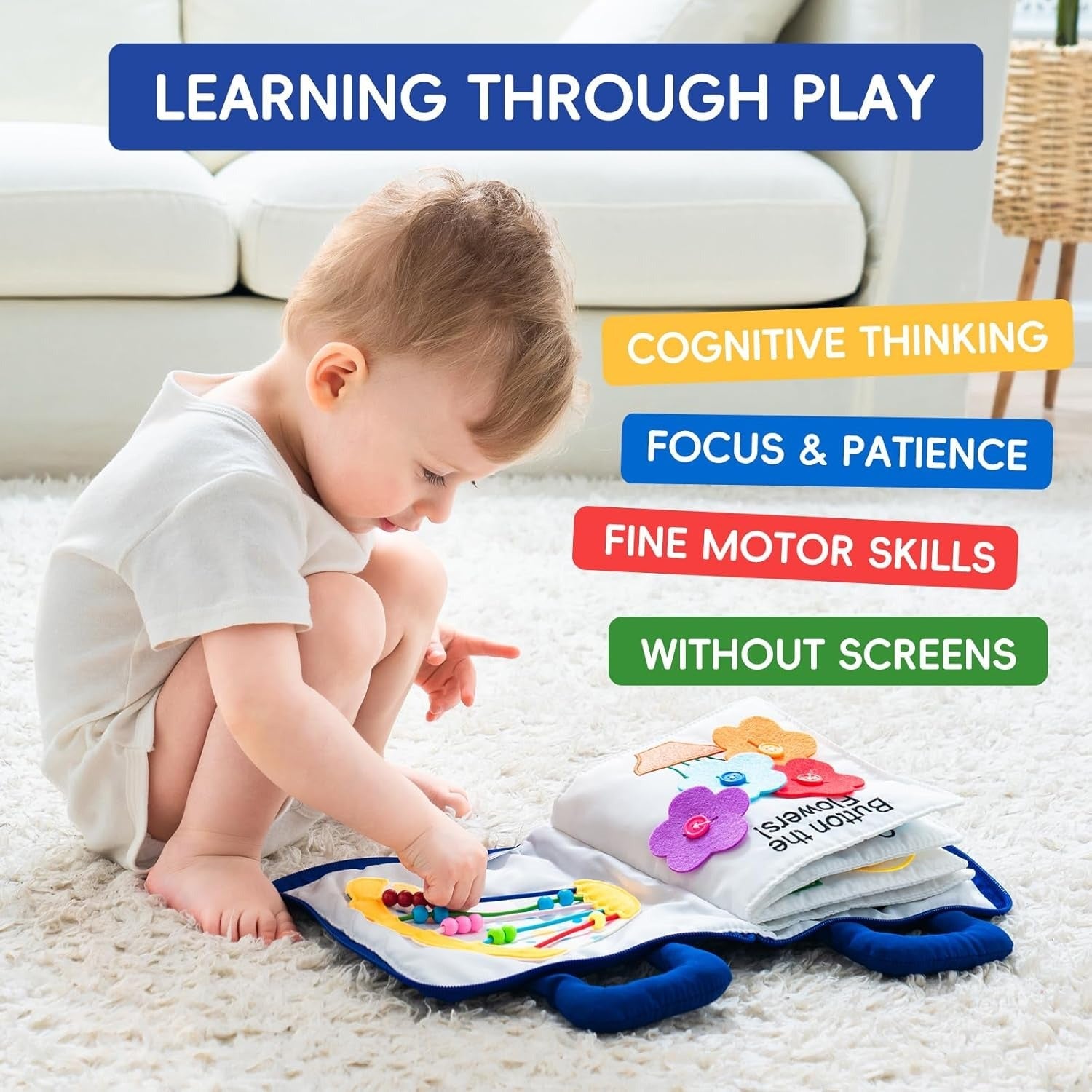 Soft Fabric Activity Book with Textured Shapes and Crinkly Tabs for Babies All Vera Mart