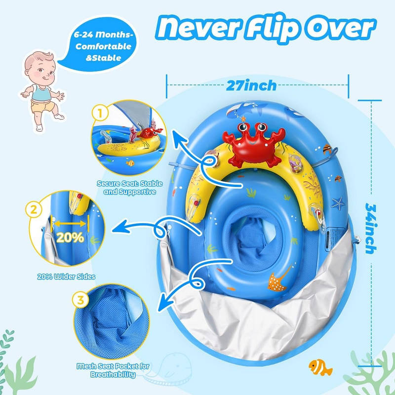 Inflatable Baby Pool Float with Adjustable Four-Position Canopy and Dual Air Chambers All Vera Mart