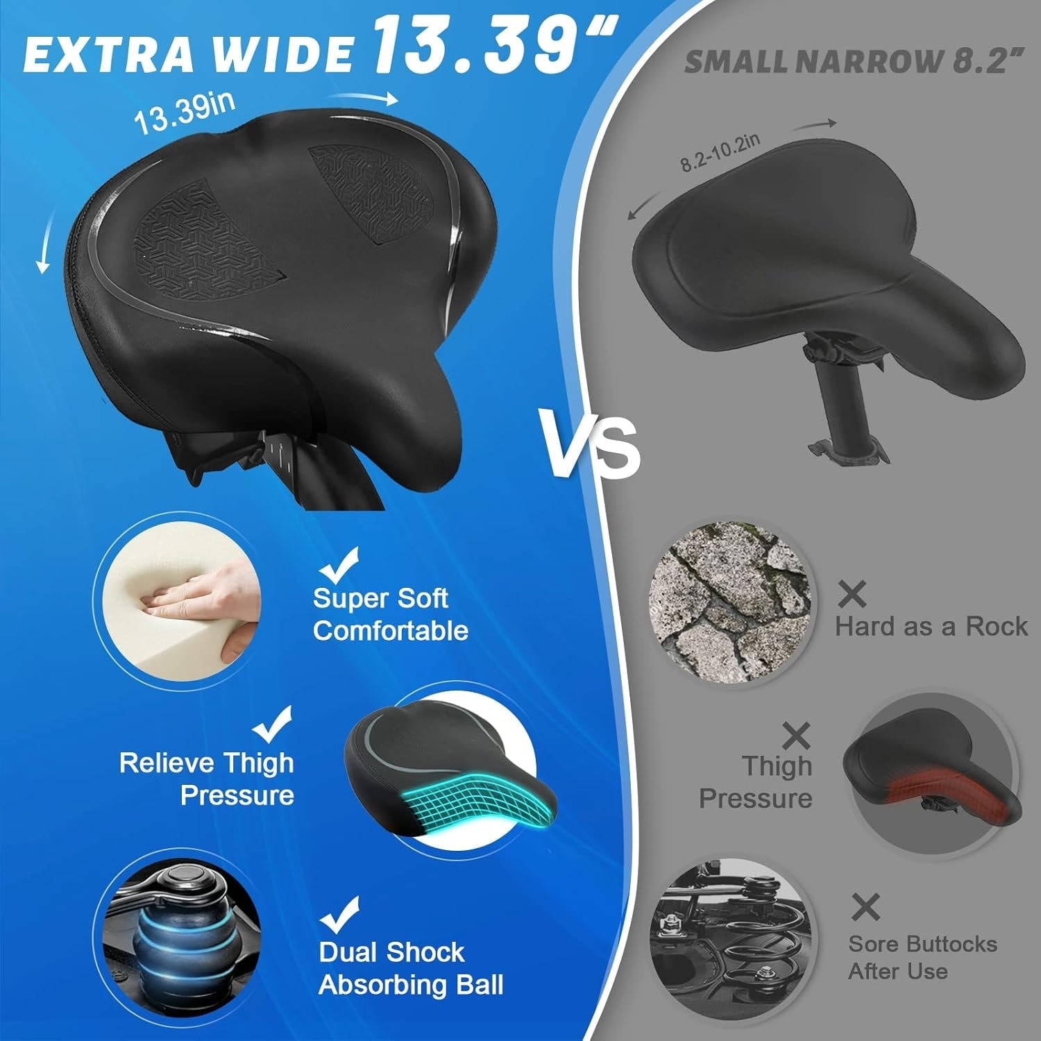 Wide Bicycle Seat with Dual Spring Shock Absorption and Memory Foam Gel, Universal Adapter for All Bikes All Vera Mart