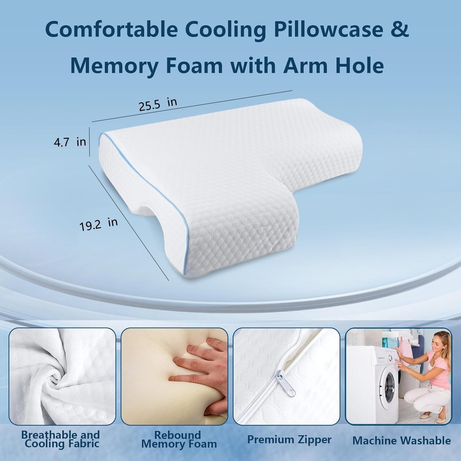 Couple Side Sleeper Pillow with Arm Tunnel Channel and Memory Foam, Machine Washable All Vera Mart