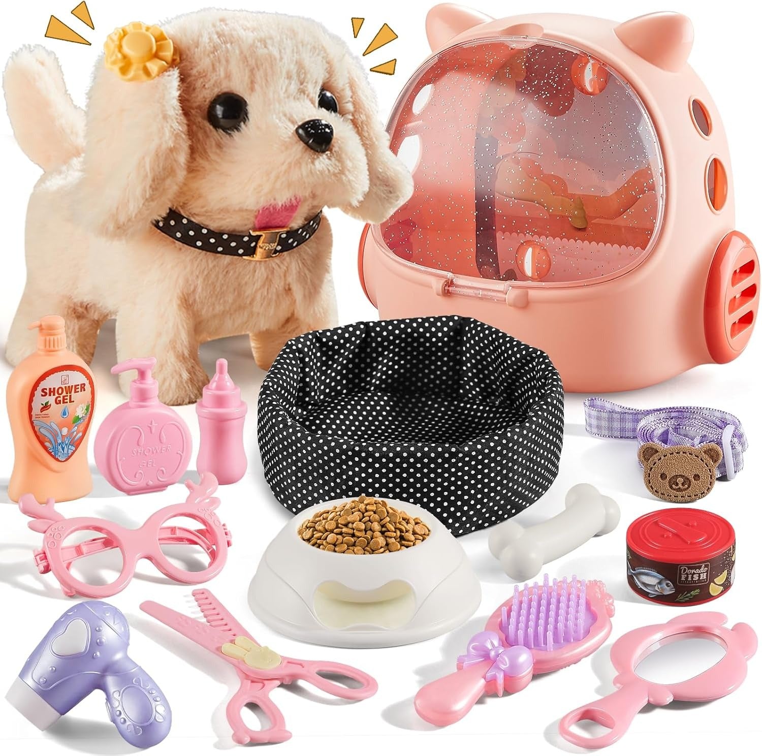 Interactive Robot Puppy with Walking Motion and Touch Sounds, 16-Piece Pet Care Playset All Vera Mart