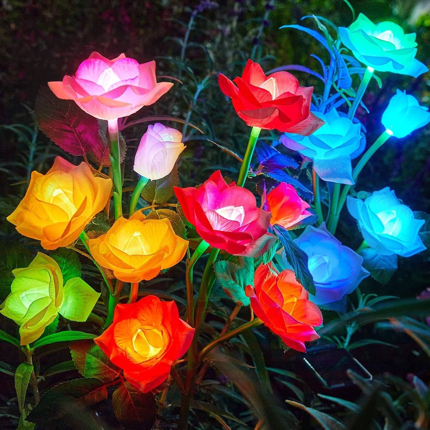 Solar Rose Garden Lights with 7-Color LED Blooms and Ground Stakes, 3-Pack for Pathways All Vera Mart