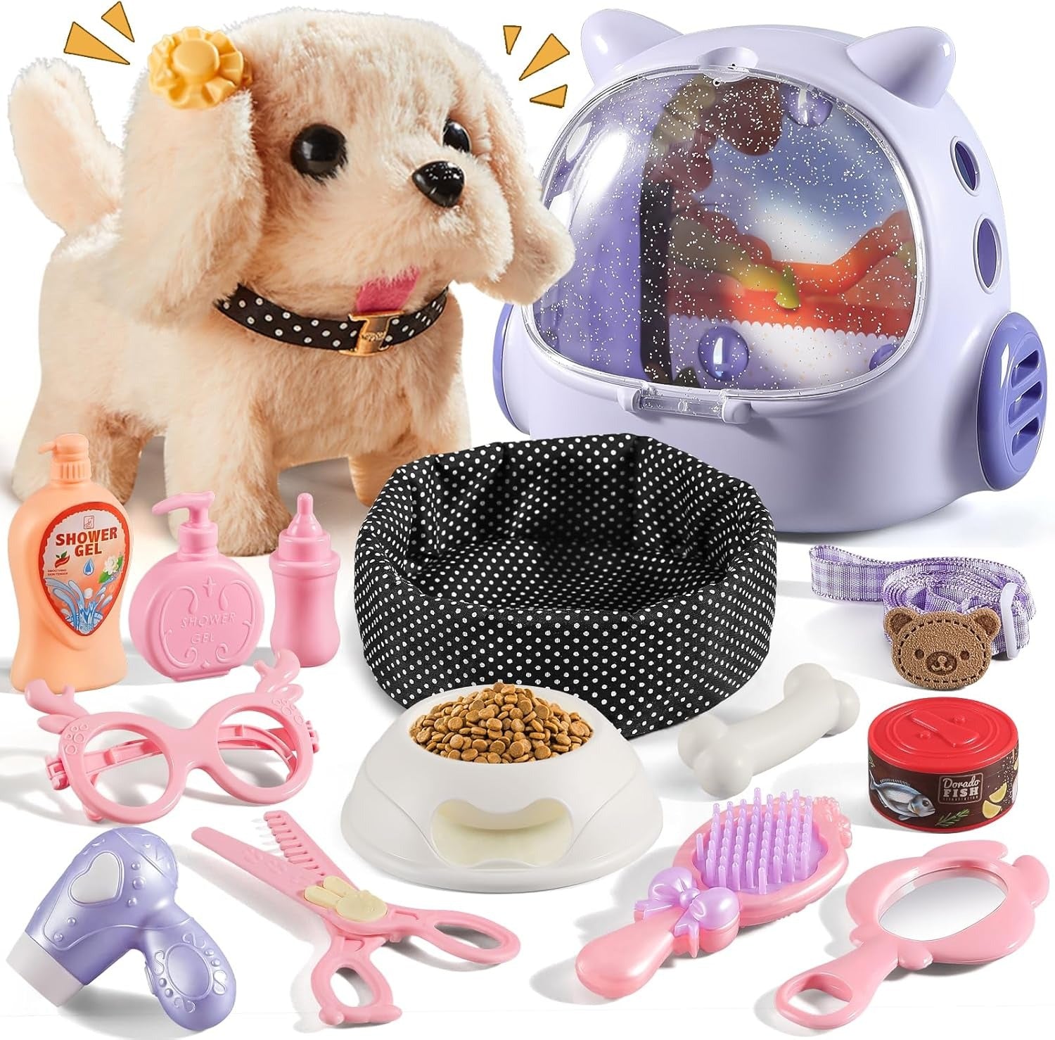 Interactive Robot Puppy with Walking Motion and Touch Sounds, 16-Piece Pet Care Playset All Vera Mart