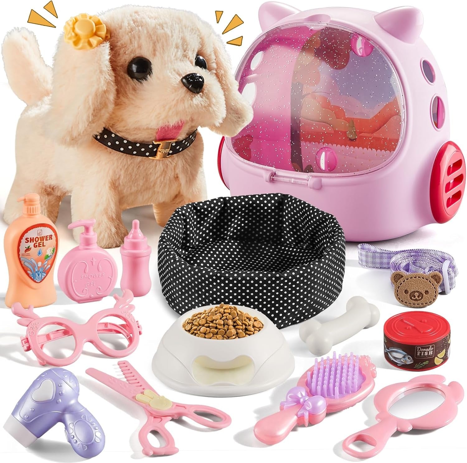 Interactive Robot Puppy with Walking Motion and Touch Sounds, 16-Piece Pet Care Playset All Vera Mart