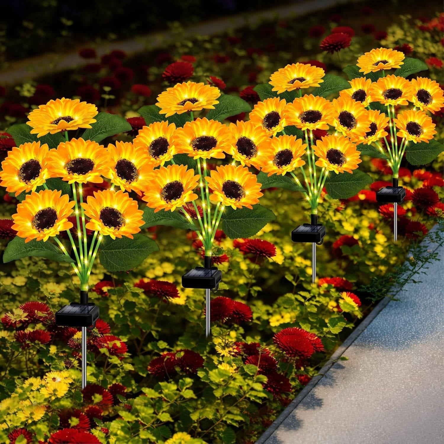 Solar Flower Garden Lights with Automatic Dusk Sensor and Aluminum Stakes, 4 Pack All Vera Mart