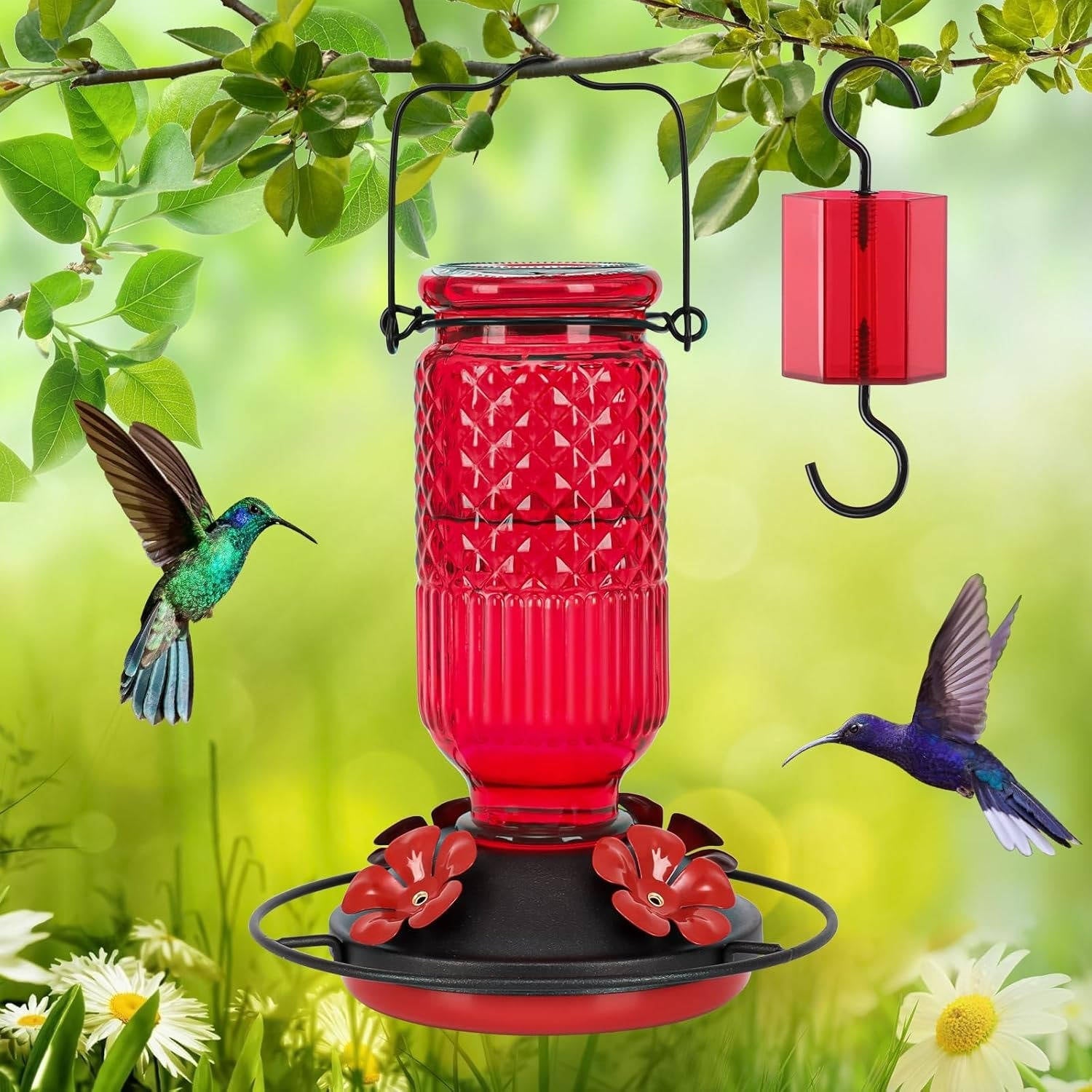 Hummingbird Feeder 16oz Glass with Bee Guard Ports and Ant Moat All Vera Mart