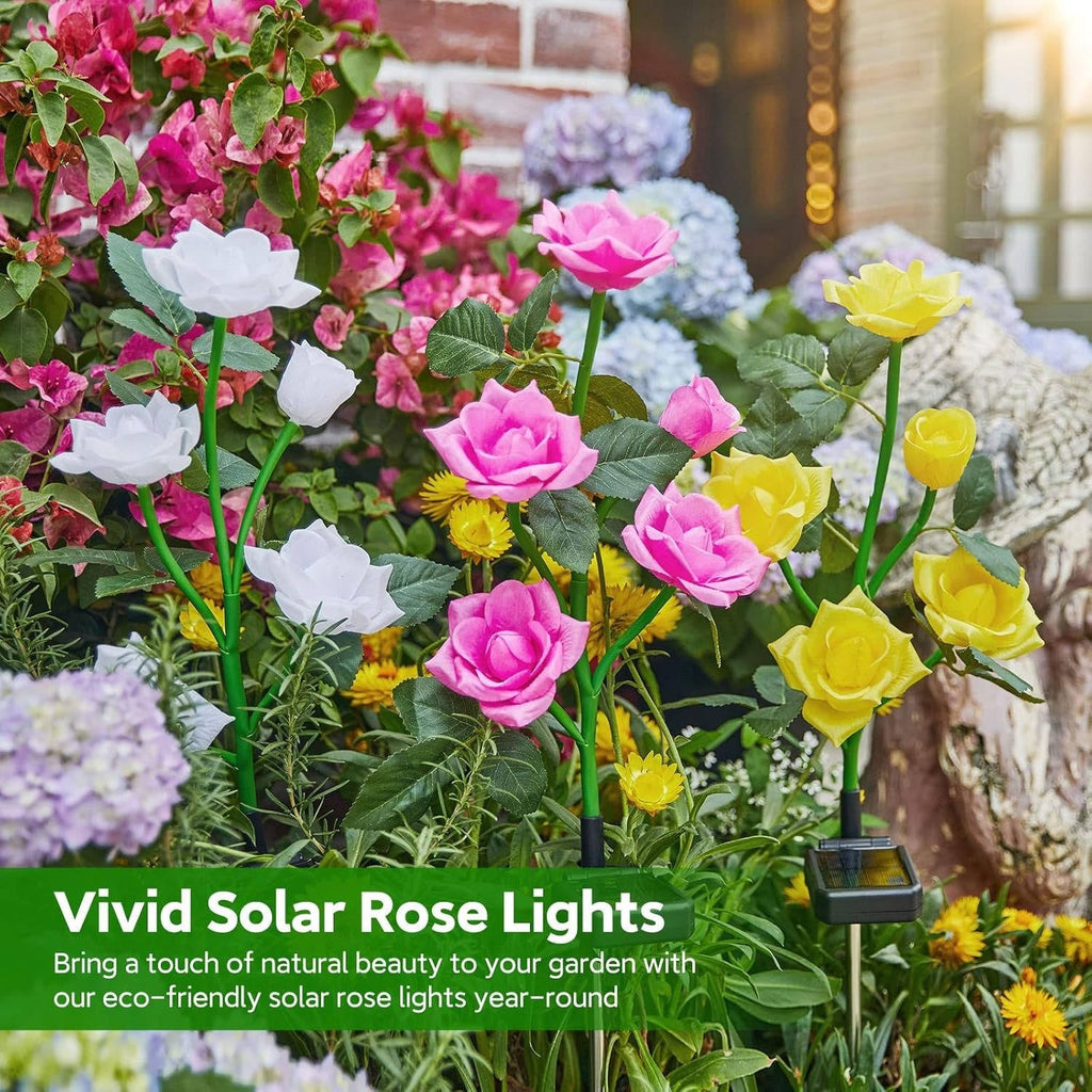 Solar Rose Garden Lights with 7-Color LED Blooms and Ground Stakes, 3-Pack for Pathways All Vera Mart
