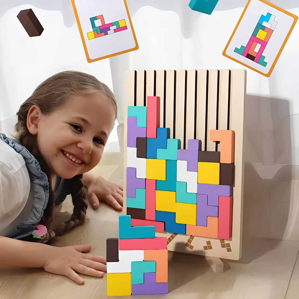 Wooden Pattern Matching Puzzle Set with Foldout Stand and Storage Case, 42 Wooden Blocks All Vera Mart