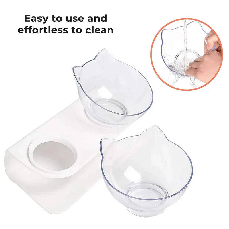 Tilted Cat Feeding Bowl with 15-Degree Angle and Dual Transparent Dishes, Anti Slip Base All Vera Mart
