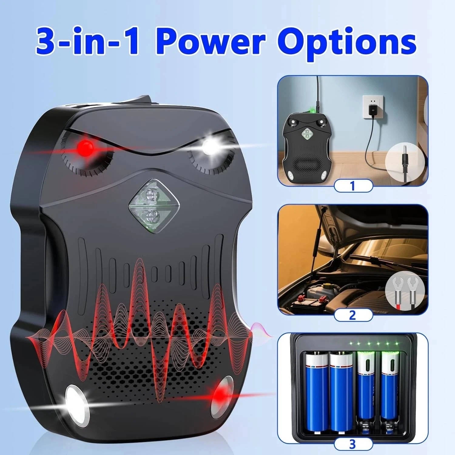 Ultrasonic Engine Rodent Repeller with Dual Unit Pack and Multi-Power Source, 9-65kHz All Vera Mart