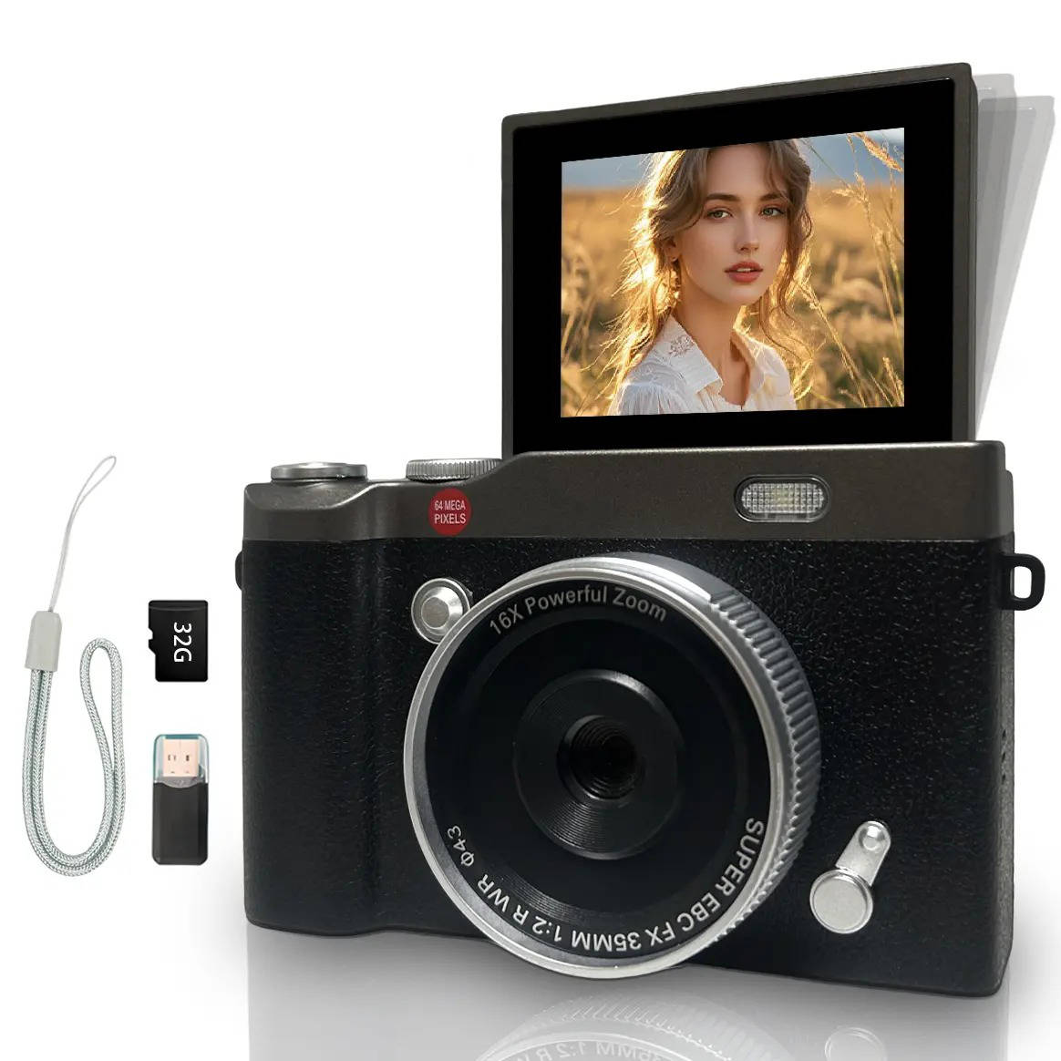Flip Screen Digital Camera with 64M Resolution and Built-in LED, 32GB Memory Card Included All Vera Mart