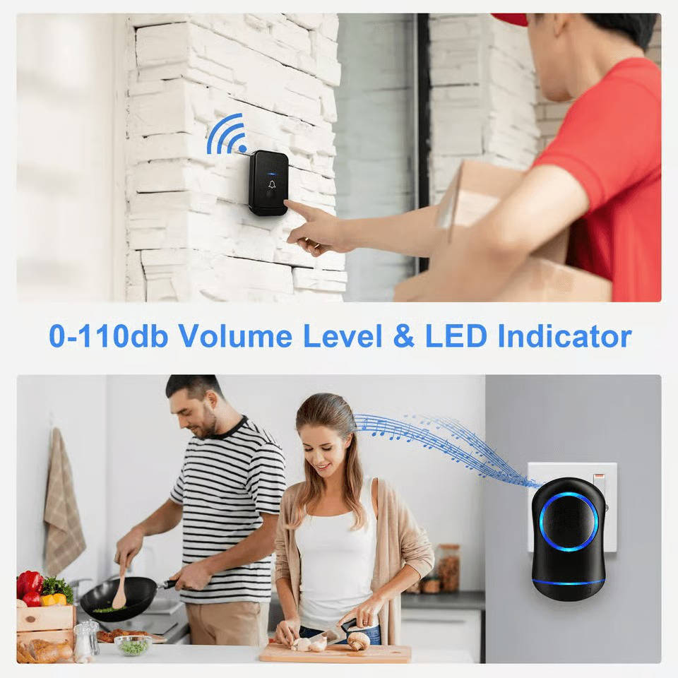 Wireless Doorbell System with 1000ft Range and 45 Chimes, Blue LED Flash All Vera Mart