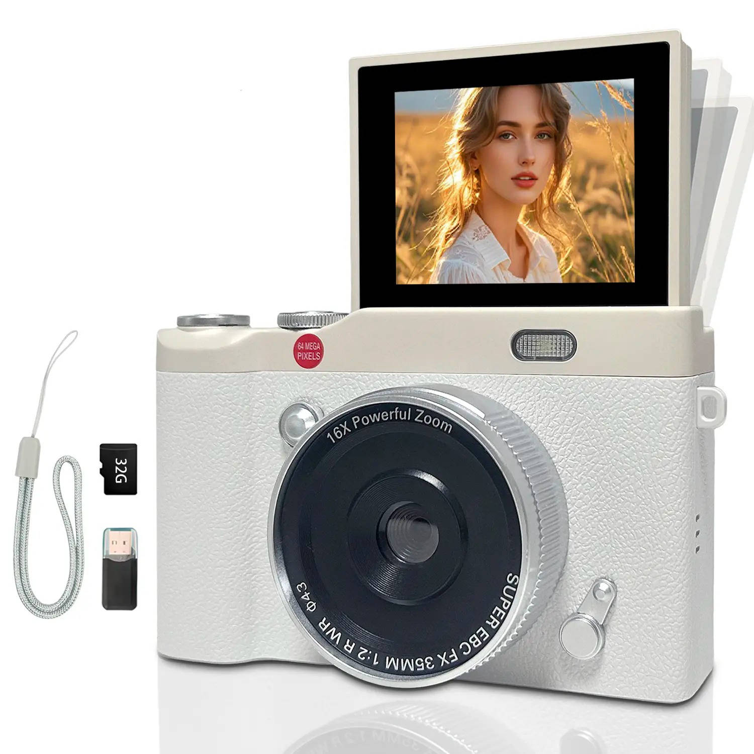 Flip Screen Digital Camera with 64M Resolution and Built-in LED, 32GB Memory Card Included All Vera Mart