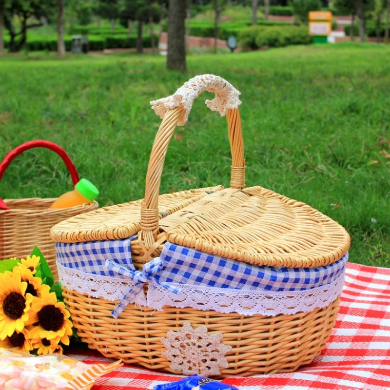 Oval Willow Picnic Basket with Dual Lids and Removable Cotton Liner All Vera Mart