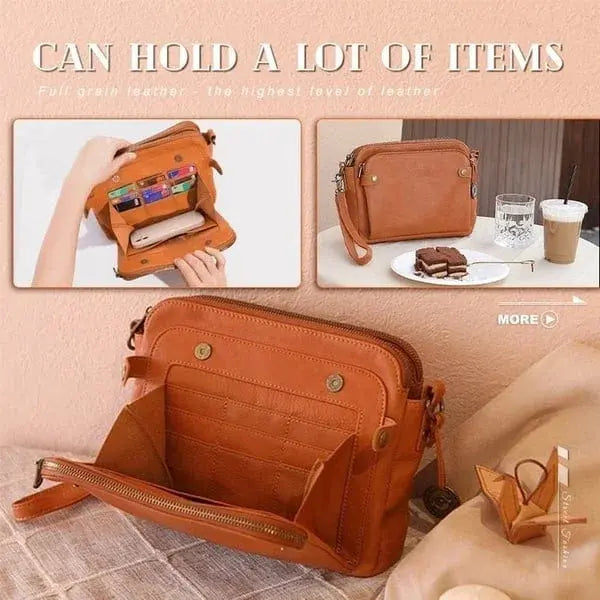 Leather Crossbody Bag with Three Compartments and Detachable Strap, Convertible Clutch All Vera Mart