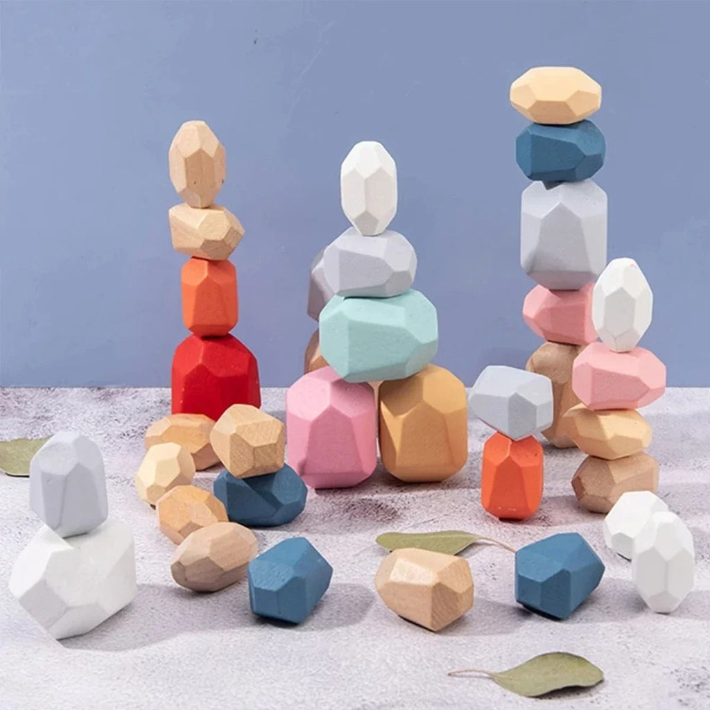 Colorful Wooden Stacking Stones Set of 36 Pieces with Mixed Shapes for Balancing Play