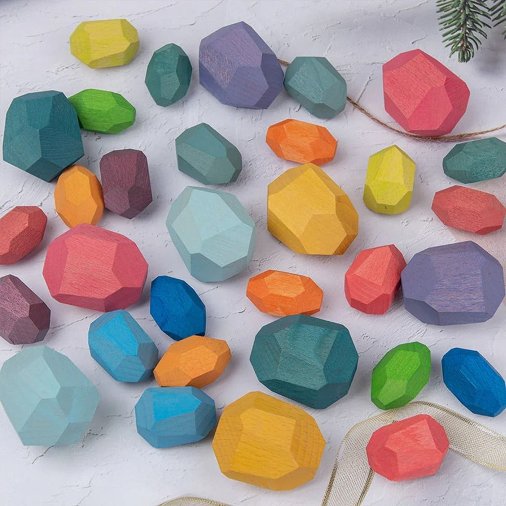 Colorful Wooden Stacking Stones Set of 36 Pieces with Mixed Shapes for Balancing Play