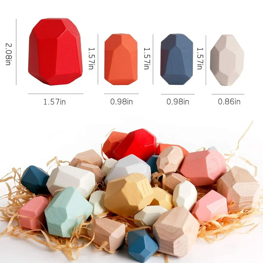 Colorful Wooden Stacking Stones Set of 36 Pieces with Mixed Shapes for Balancing Play
