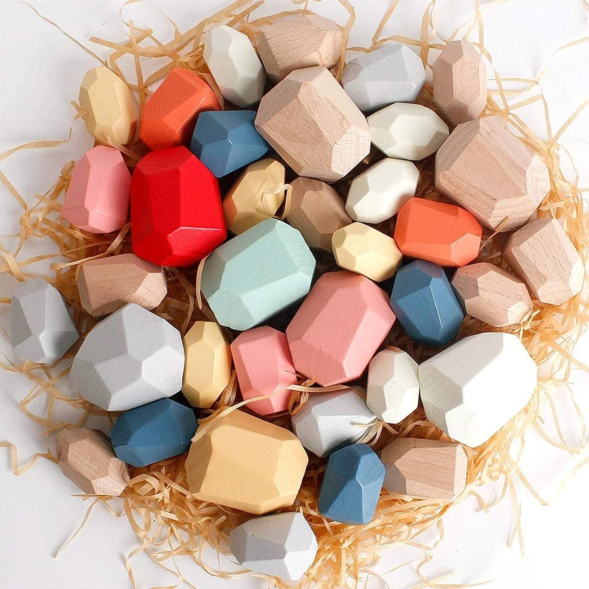 Colorful Wooden Stacking Stones Set of 36 Pieces with Mixed Shapes for Balancing Play