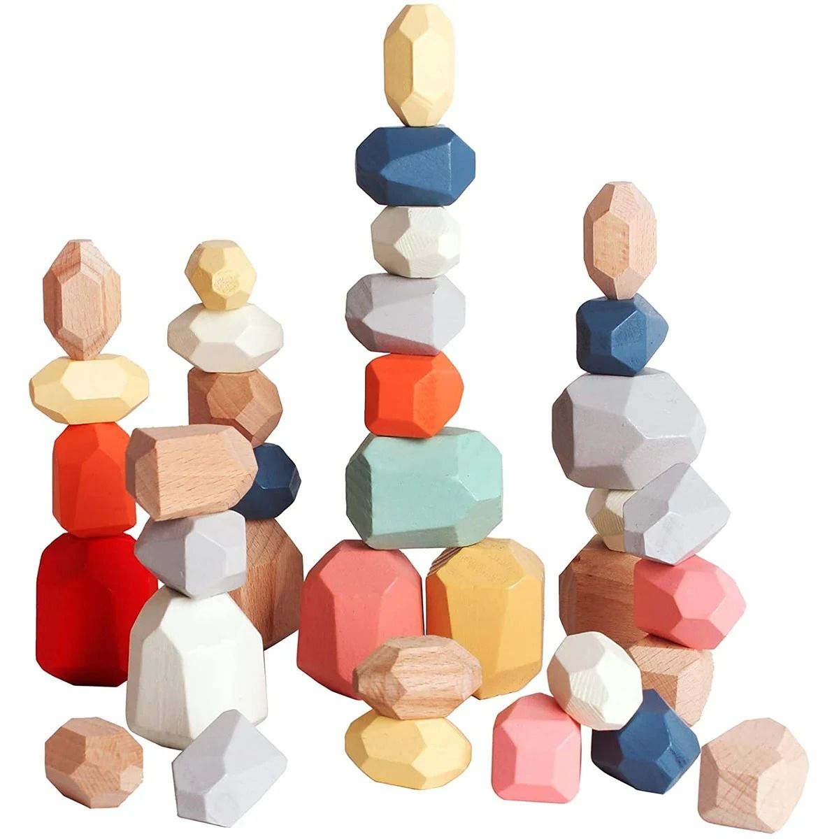 Colorful Wooden Stacking Stones Set of 36 Pieces with Mixed Shapes for Balancing Play