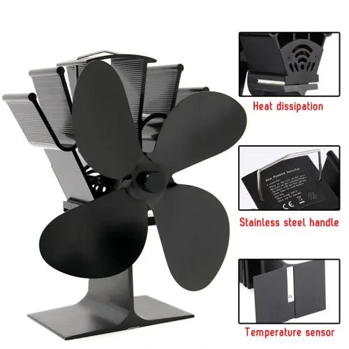 Wood Stove Fan with Thermoelectric Power and 4-Blade Anodized Aluminum, Silent Operation All Vera Mart